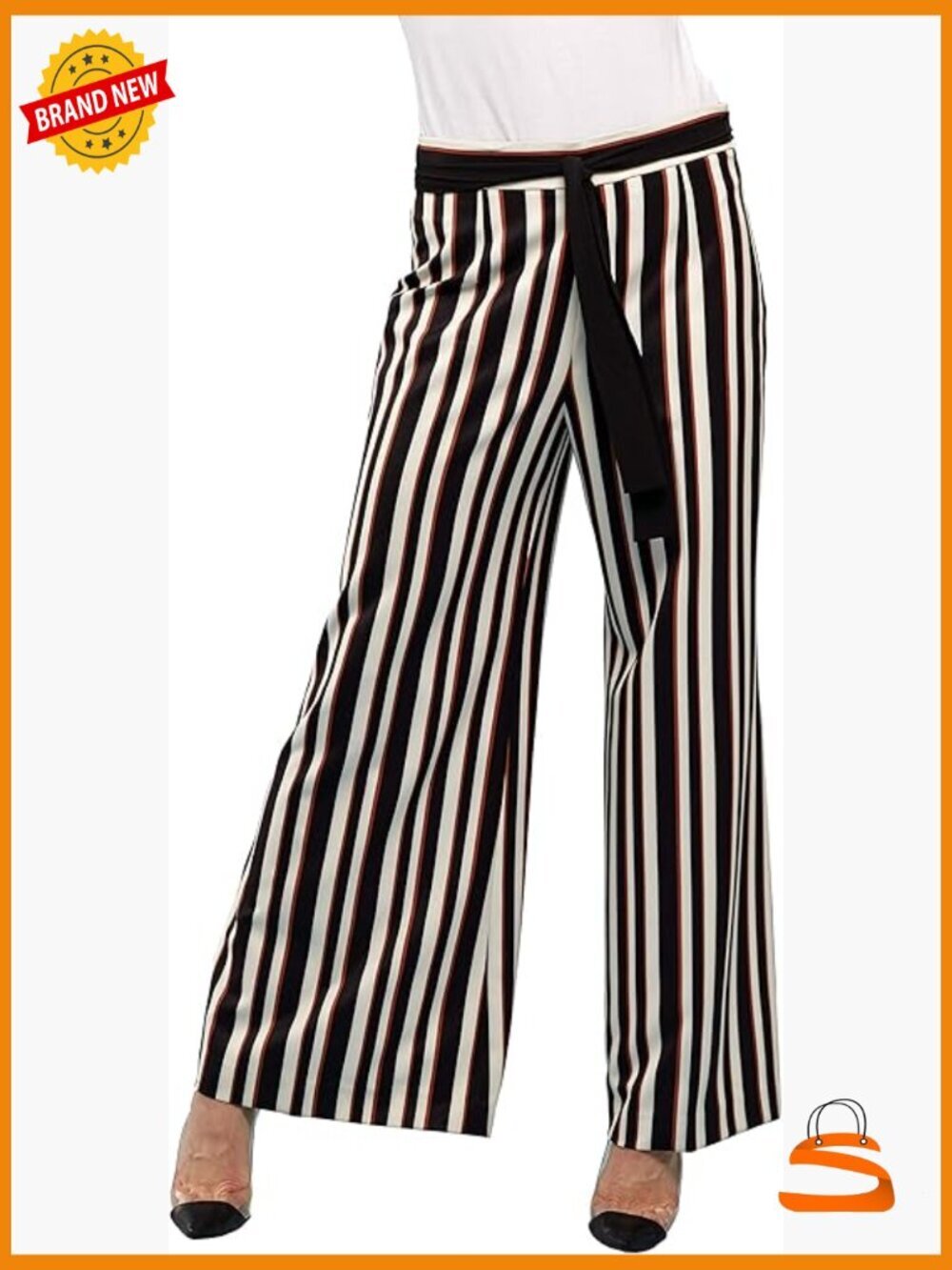 Wide Leg Palazzo Pant with Tie Belt, Low Rise, Side Zip